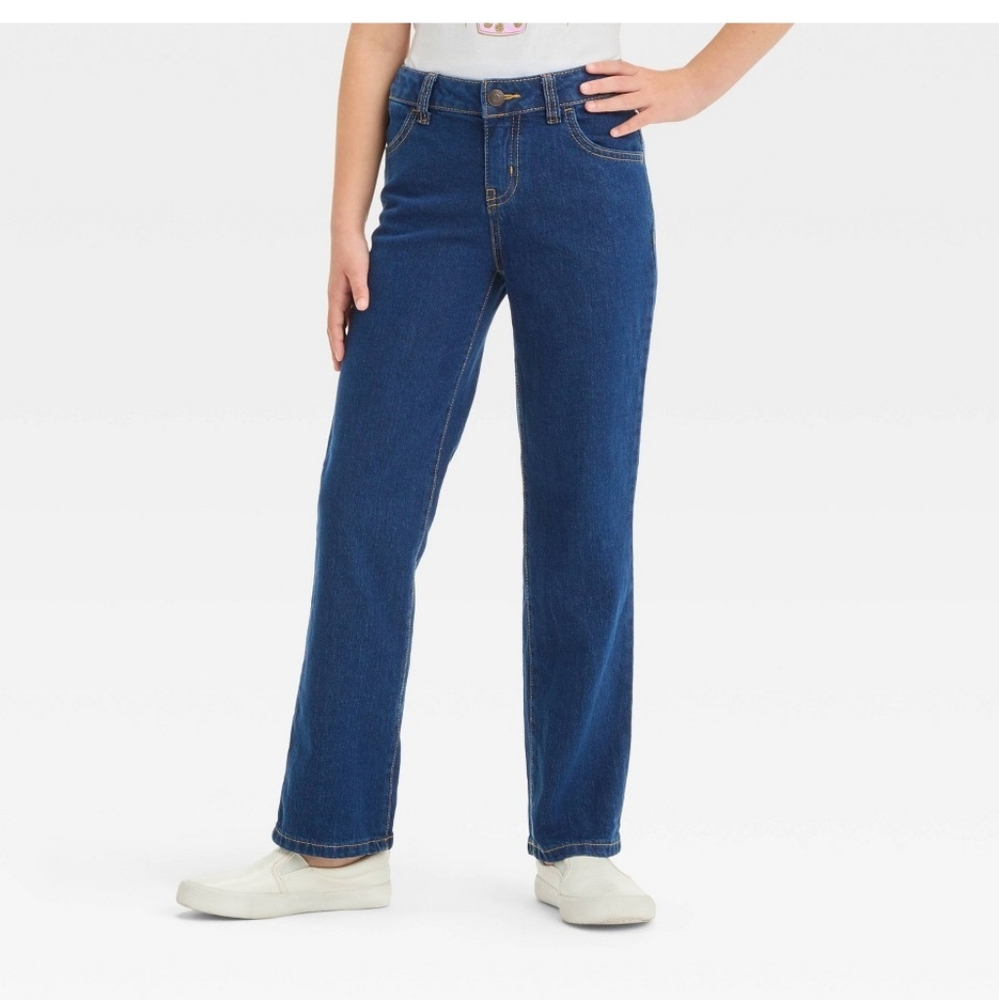 NWT Girls' Mid-Rise Denim Straight Jeans - Cat & Jack Dark Wash 10 Plus: